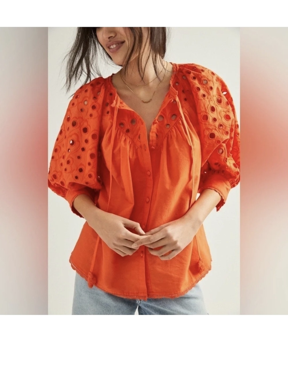 Anthropologie Orange Eyelet Puff-Sleeve Button Front Blouse